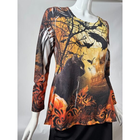 Halloween Castle & Cat Print Long Sleeve Tunic Top - Picture 6 of 16